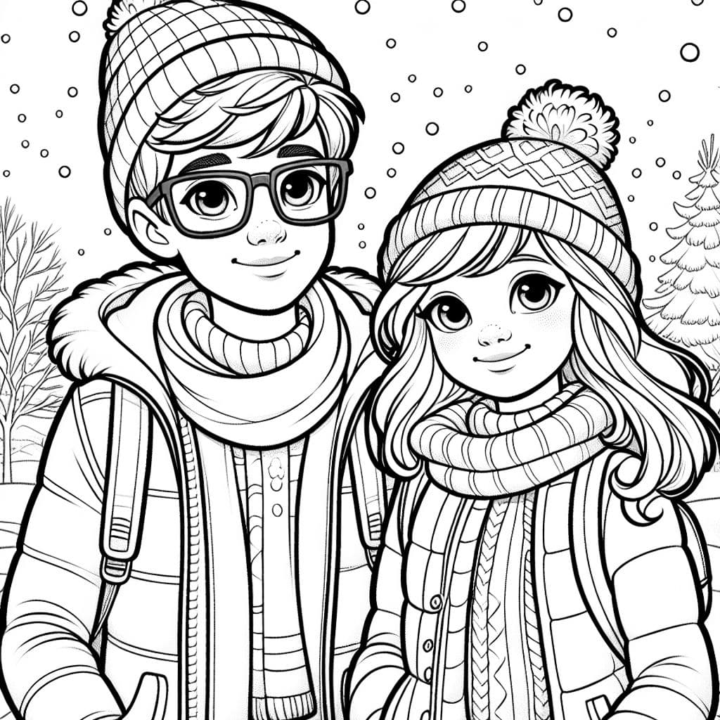a girl and boy, 19, boy wears glasses, hat, scarf, winter jacket, girl wears winter jacket, both white, round faces, smiling, its snowing