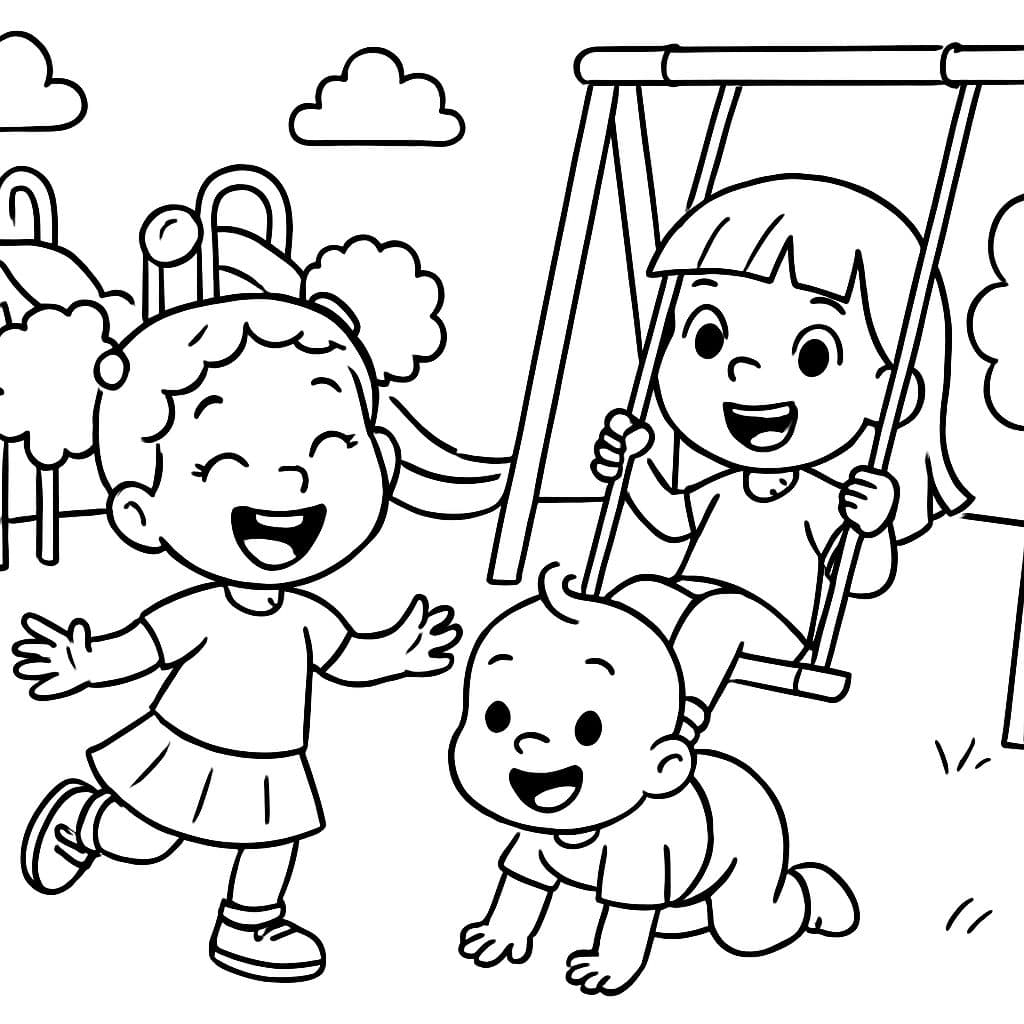 Three friends at the playground: a girl with curly pigtails, a girl with straight hair, and a baby boy.