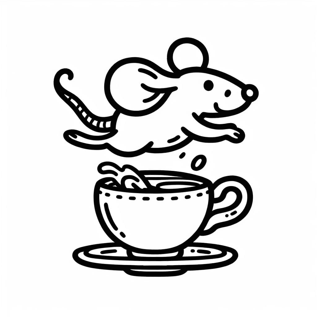 Eine Maus in einer fliegenden Tasse gefüllt mit Tee