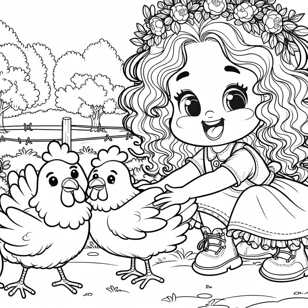 niña de cabello rizado jugando con sus gallinas