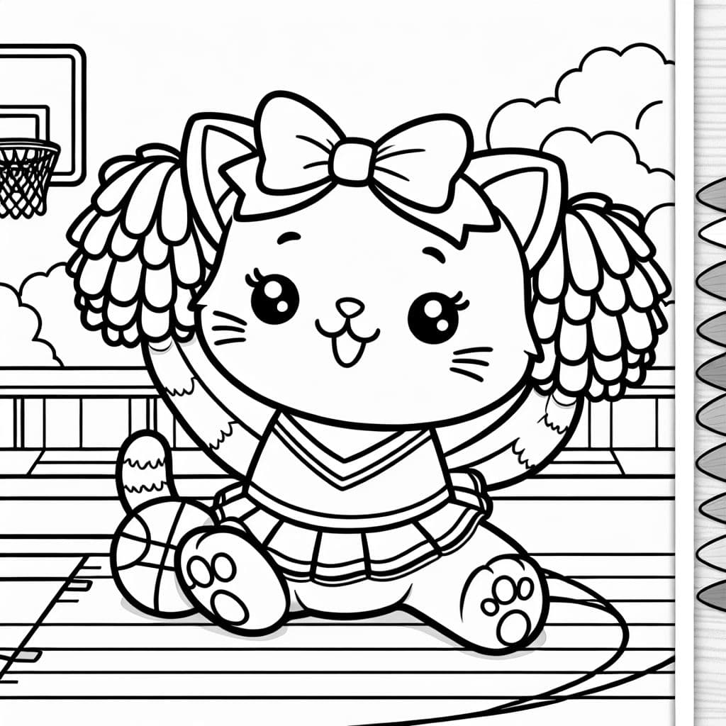 a kitty cat cheerleading with pom poms in hands with bows in hair on a basketball court