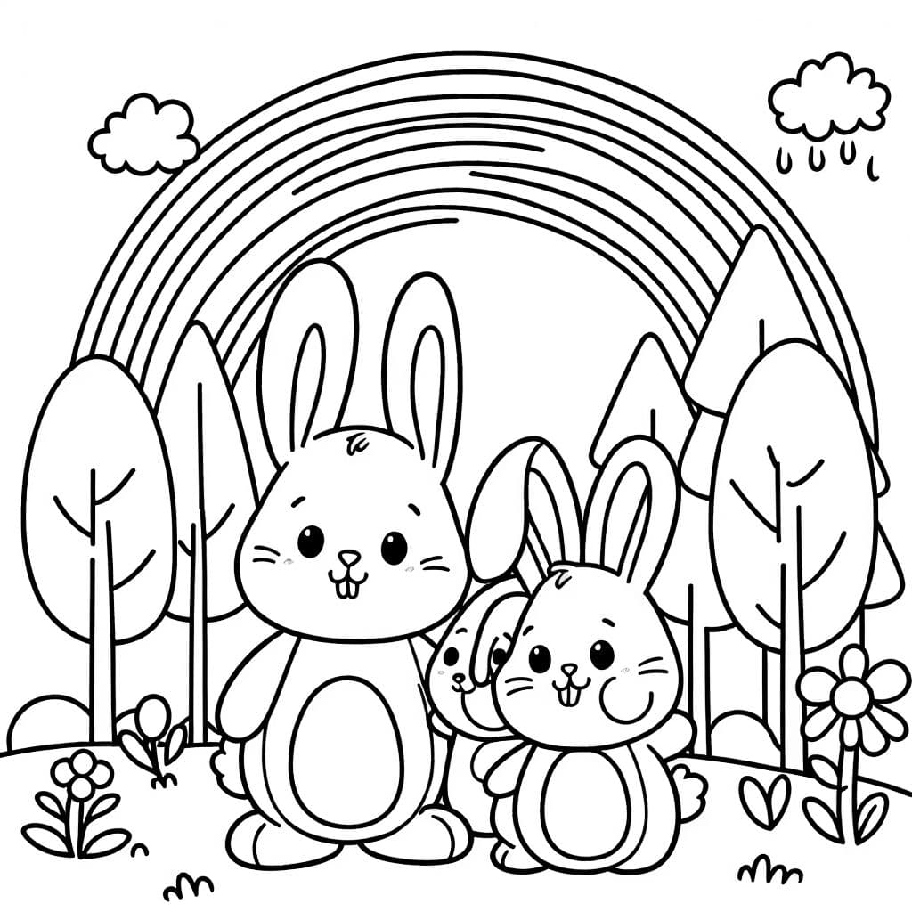 une famille de lapins devant une forêt avec un arc-en-ciel