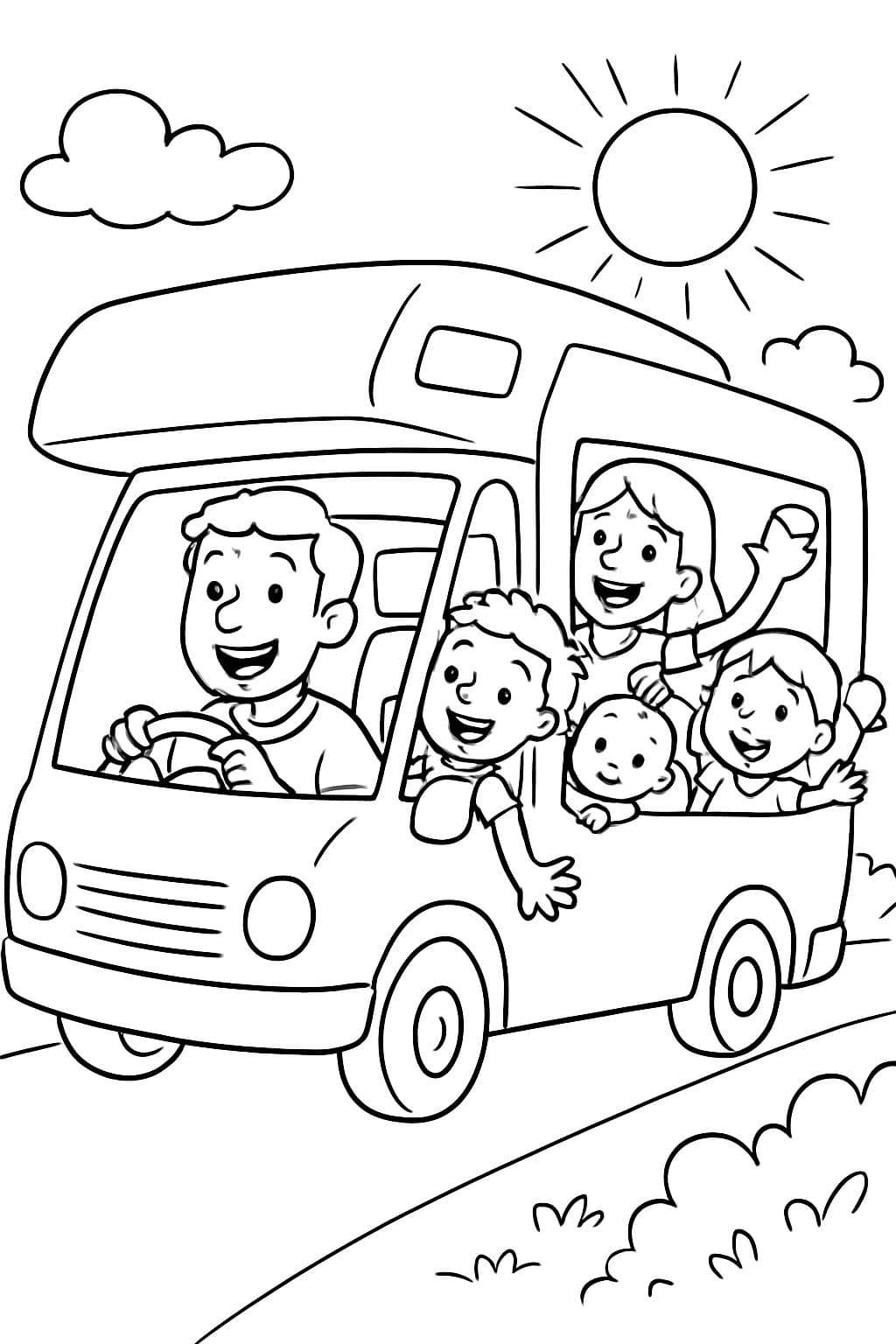 Uma família de 5 pessoas está indo de férias em seu motorhome. O papai está dirigindo na frente. A mamãe está atrás com as 3 crianças: o menino de 5 anos, a menina de 3 anos e um bebê.