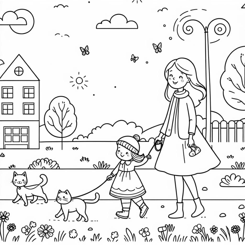 Une mère et son enfant. Tous deux tiennent un chat en laisse.