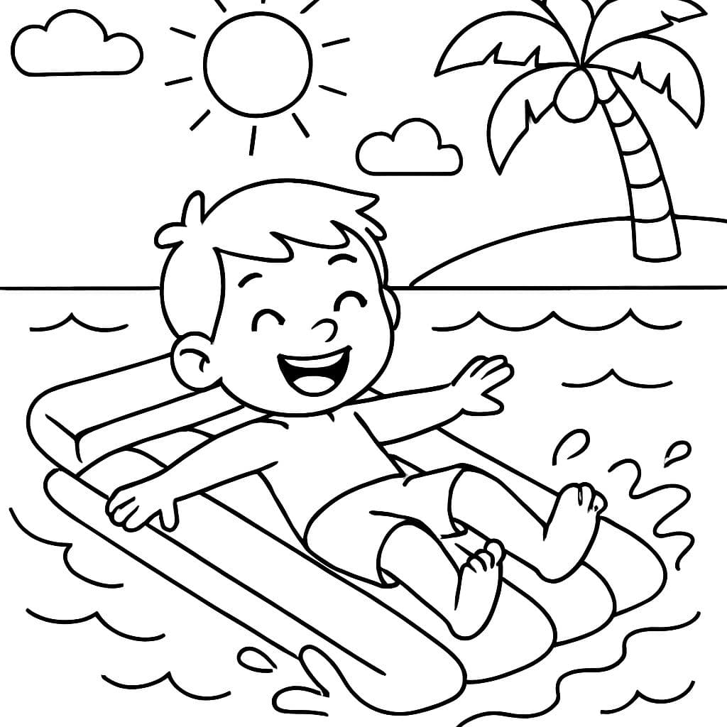 una persona nadando en un colchón inflable en el mar frente a una playa