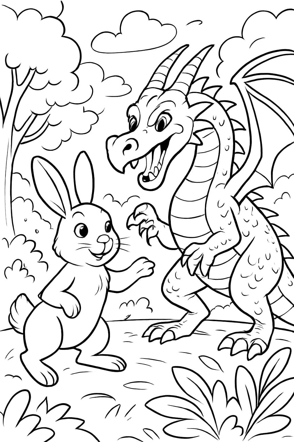 un conejo con un dragón en un bosque dibujo fácil