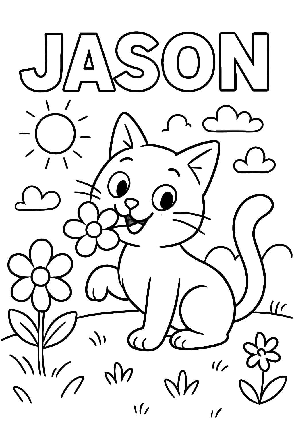 le nom JASON et un chat drôle avec une fleur dans la bouche