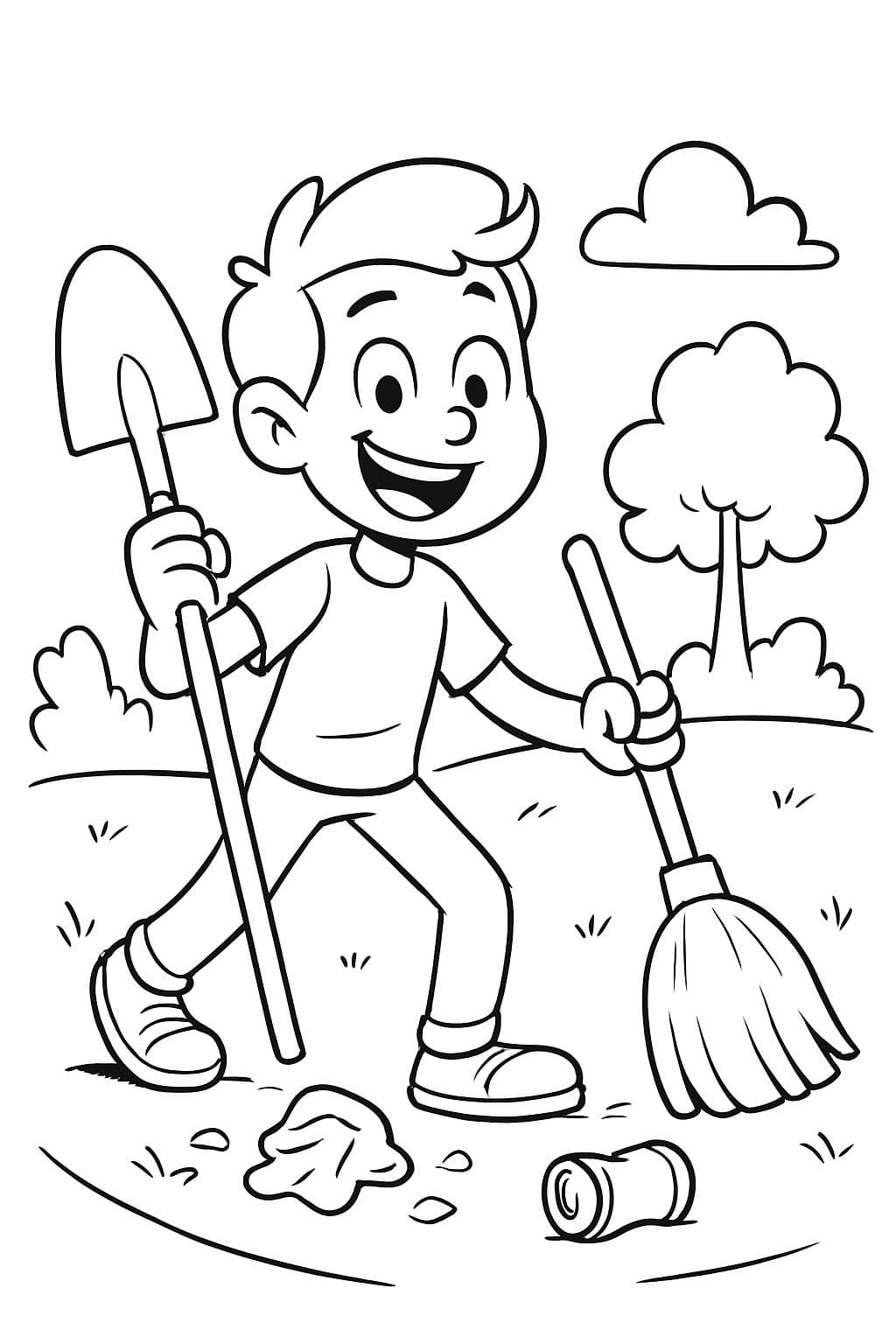 Eine Person mit einer Schaufel und einem Besen, die den Müll vom Boden aufräumt.