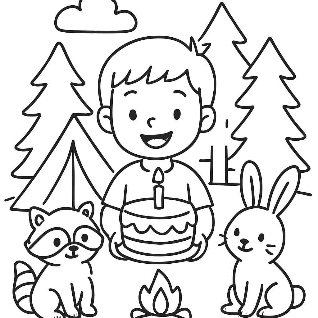 Un niño feliz sosteniendo su primer pastel de cumpleaños con amigos del bosque en el campamento.