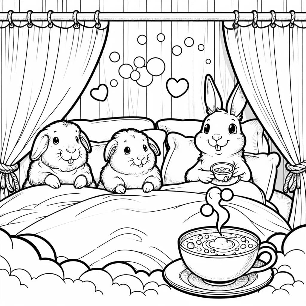 Drei Meerschweinchen und ein Hase mit Kaffee im Bett