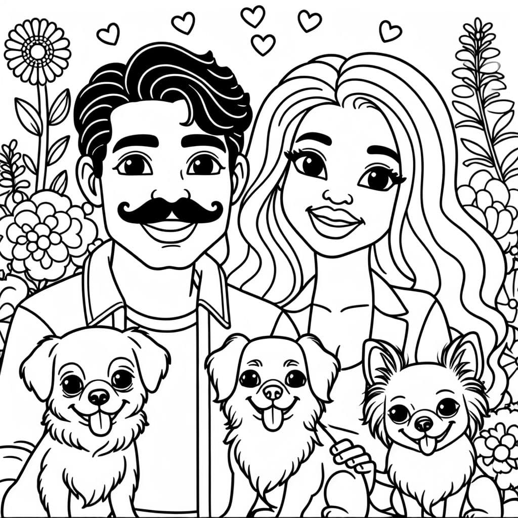 un homme avec une moustache, une femme avec de longs cheveux blonds, un golden retriever, 2 chihuahuas, dehors autour de fleurs