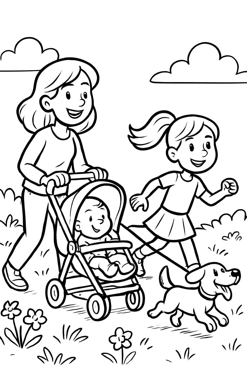 Una mamá con un bebé en un carrito y la hermana que lleva al niño que pasea al perro por un dulce prado de flores