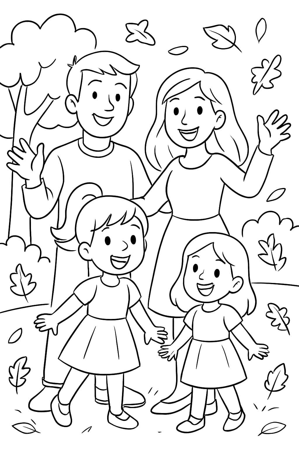 Familienfoto im Herbst mit einem Papa, einer Mama im Kleid, einem 6-jährigen Mädchen mit einem Pferdeschwanz und einem Kleid sowie einem 3-jährigen Mädchen mit offenen Haaren und in einem Kleid.