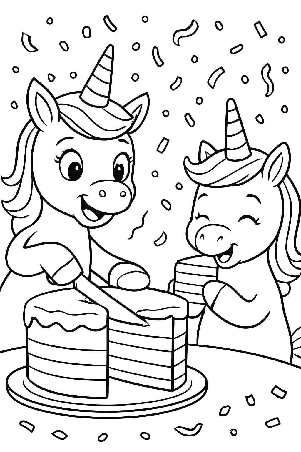 ein geburtstagsfeierndes Einhorn, das einen Regenbogenkuchen schneidet, während ein zweites Einhorn ein Stück Regenbogenkuchen isst und im Hintergrund Konfetti regnet.