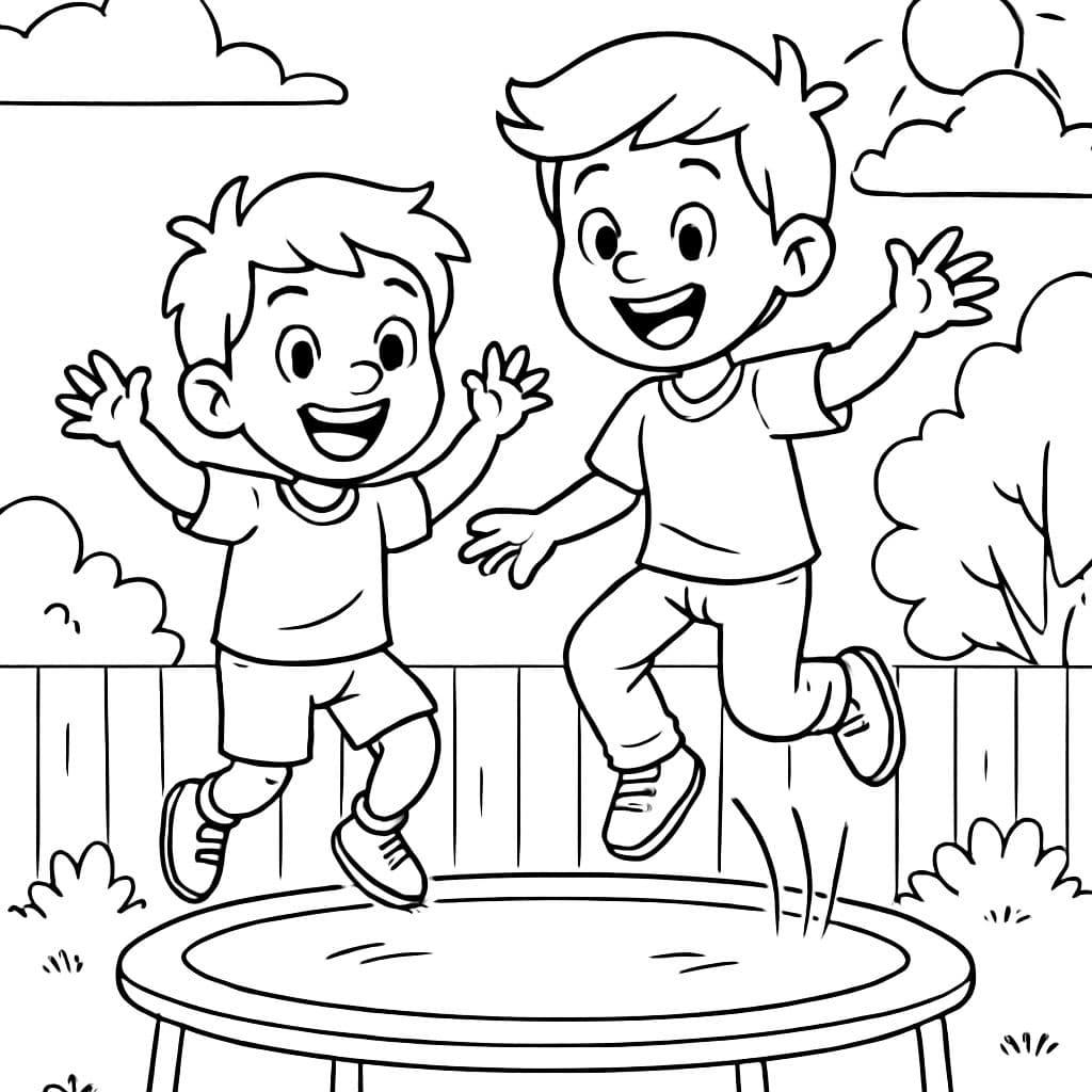 Dos jóvenes hermanos saltando en una cama elástica