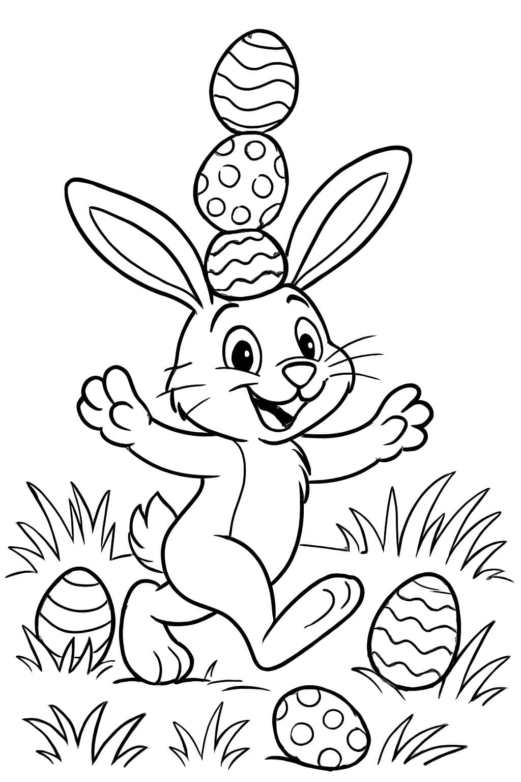 page de coloriage simple pour enfants d'un lapin marchant équilibrant des œufs de Pâques sur sa tête entouré d'herbe et d'œufs de Pâques sur l'herbe, noir #000000 et blanc #ffffff, art linéaire, lignes épaisses, style livre de coloriage, fond blanc #ffffff. pas de texte, mode portrait.