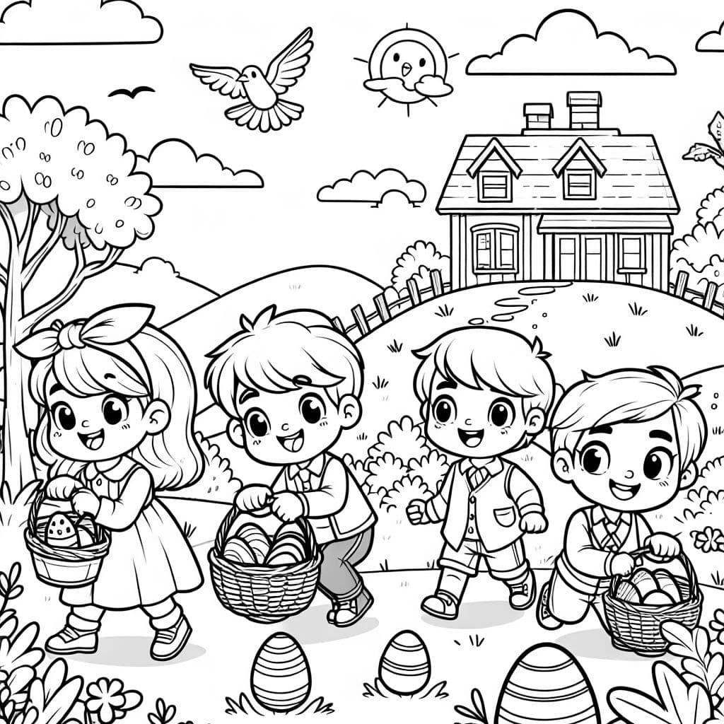 Niños y niñas jugando a la búsqueda de huevos.