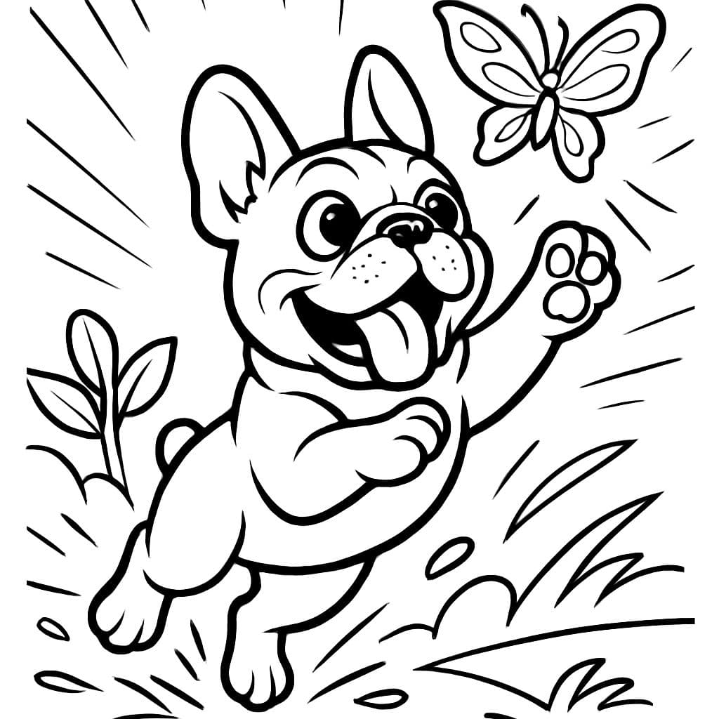 Französischer Bulldoggenwelpe spielt mit einem Schmetterling