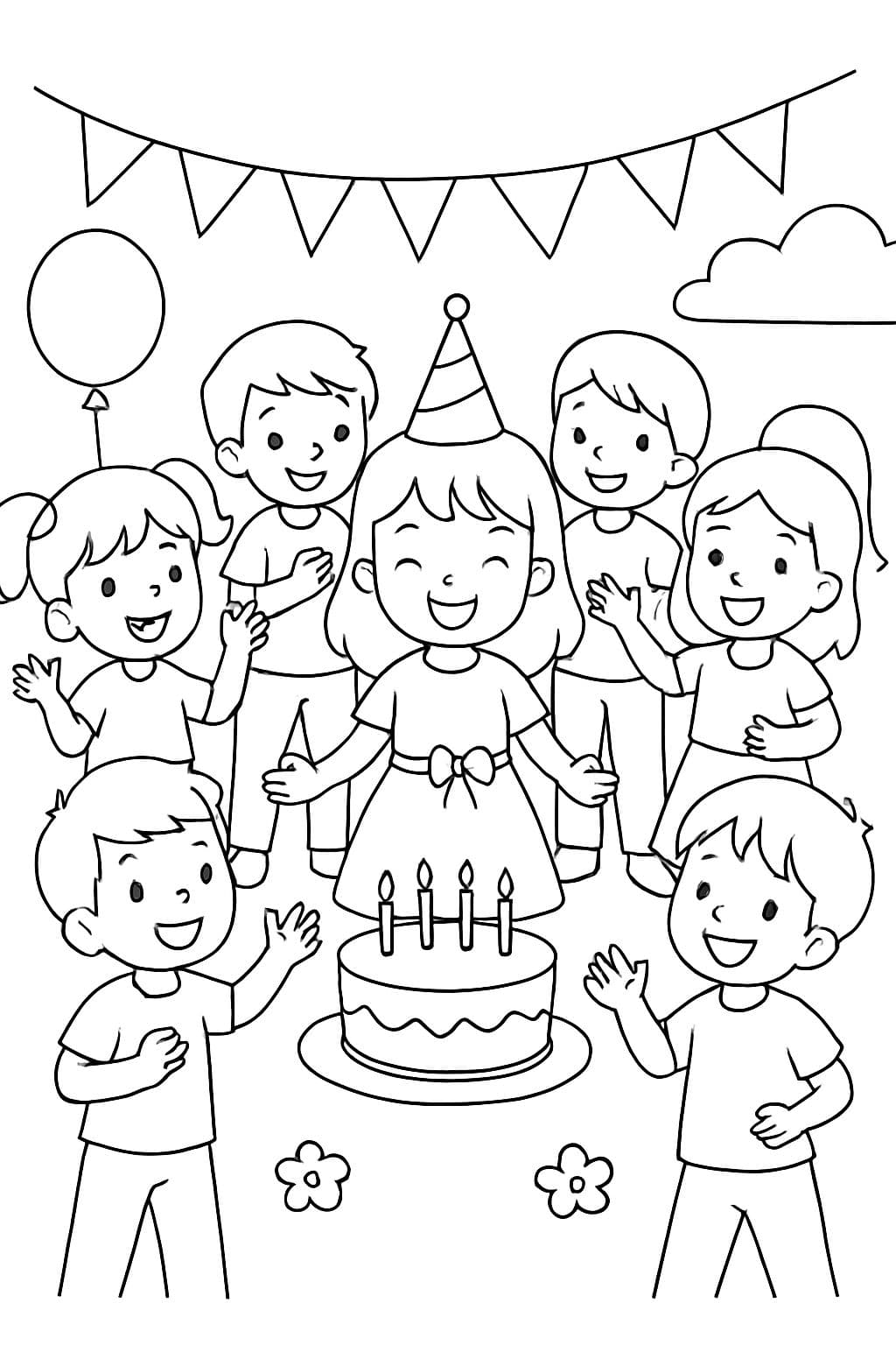 5 chicas y 5 chicos celebrando el cumpleaños de una niña
