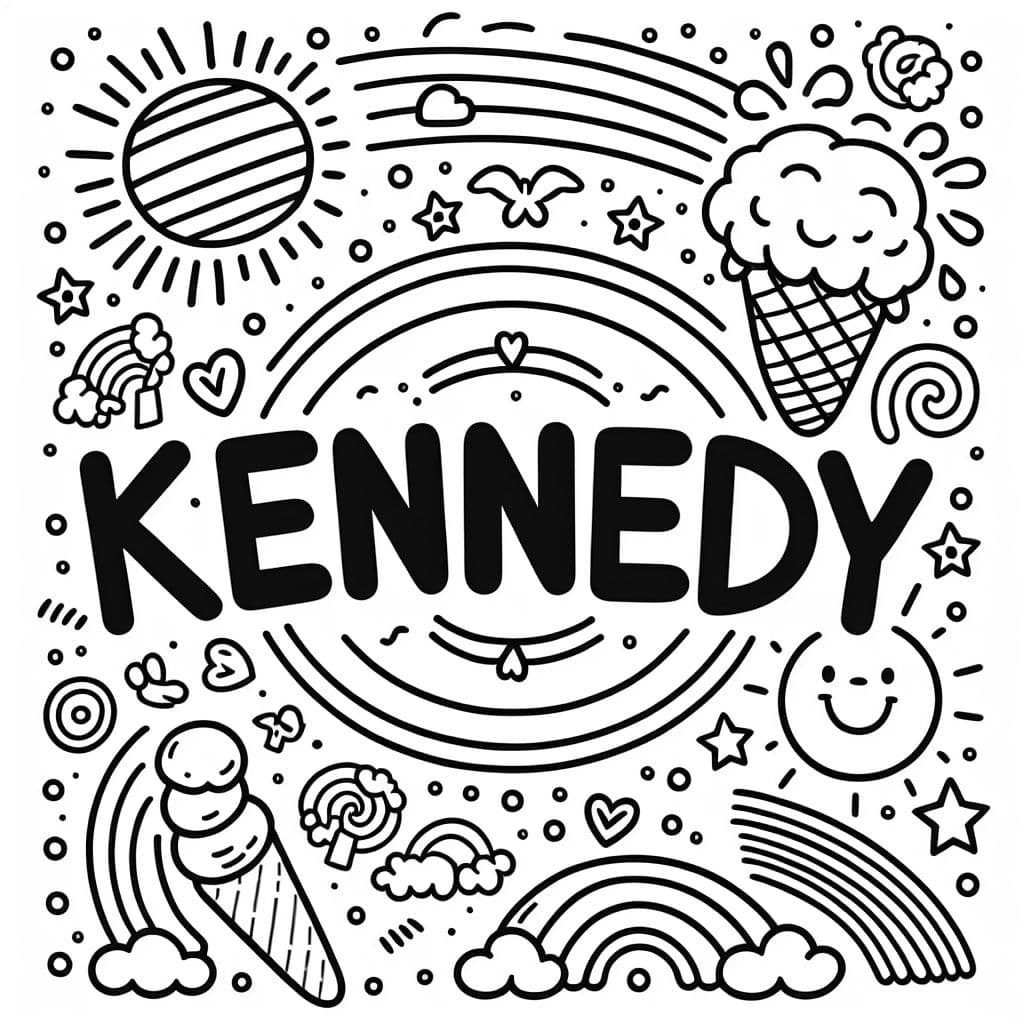 El nombre “Kennedy” rodeado de cosas divertidas como arcoíris y té helado.