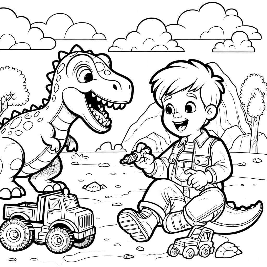 Niño pequeño y un dinosaurio feliz jugando con camiones