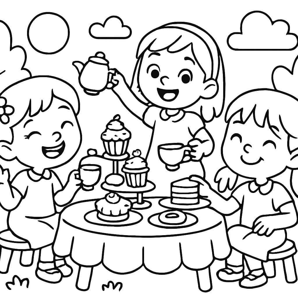 Tres niñas teniendo una fiesta de té al aire libre con pasteles y dulces.