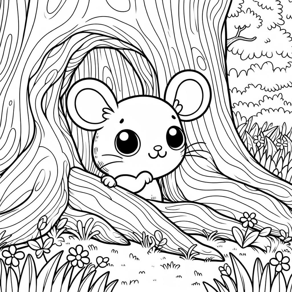 Eine kleine Maus mit grossen Augen schaut aus der Wurzel eines Baumes hervor