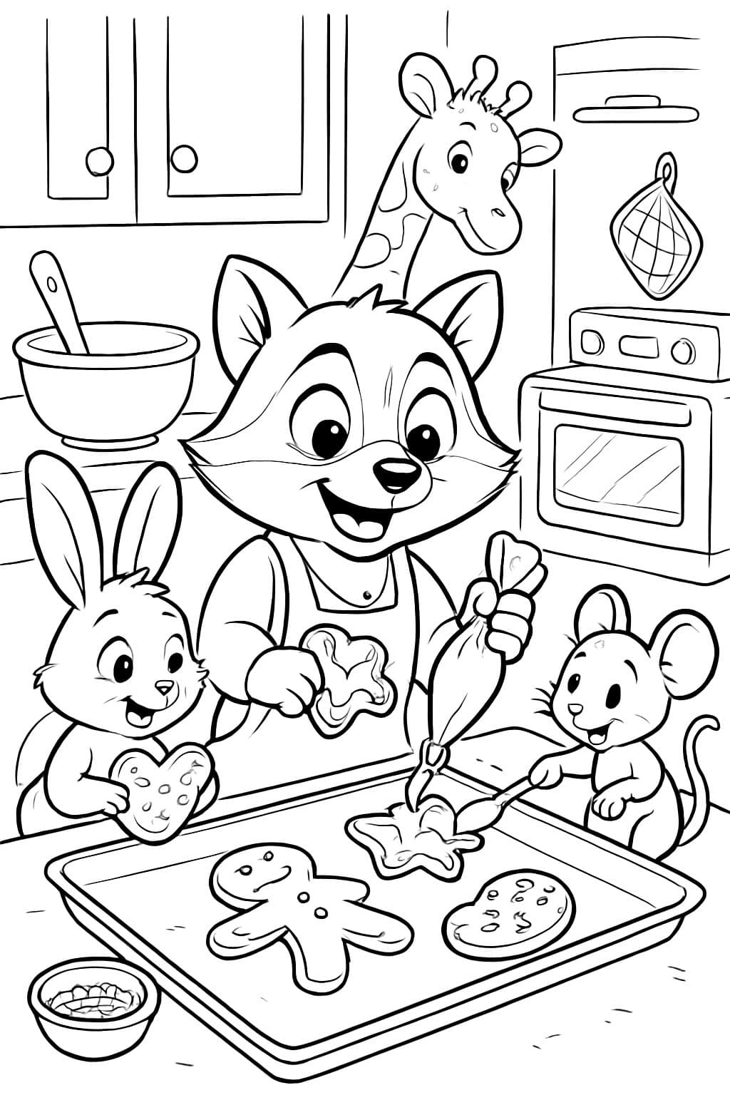 Animales lindos en la cocina decorando galletas.