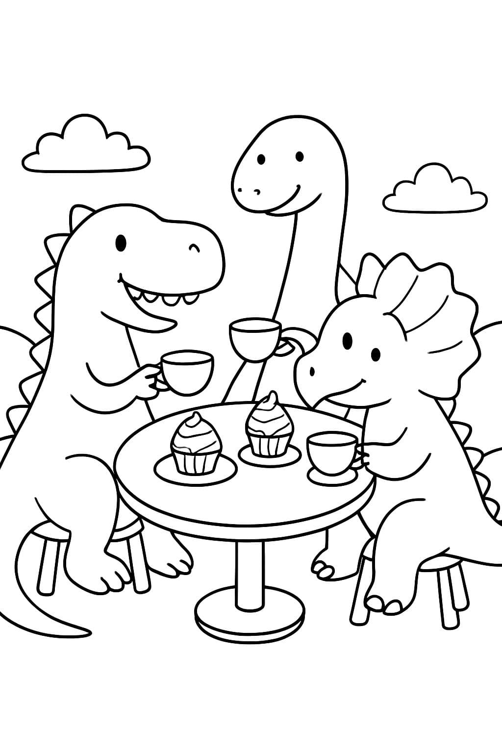 friendly dinosaurs sitting at a round table sipping tea and eating cupcakes