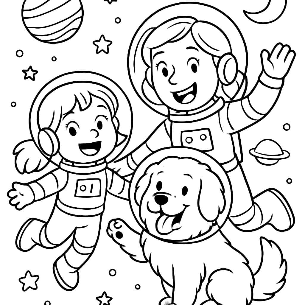 Niña y mamá y perro de los Pirineos en el espacio