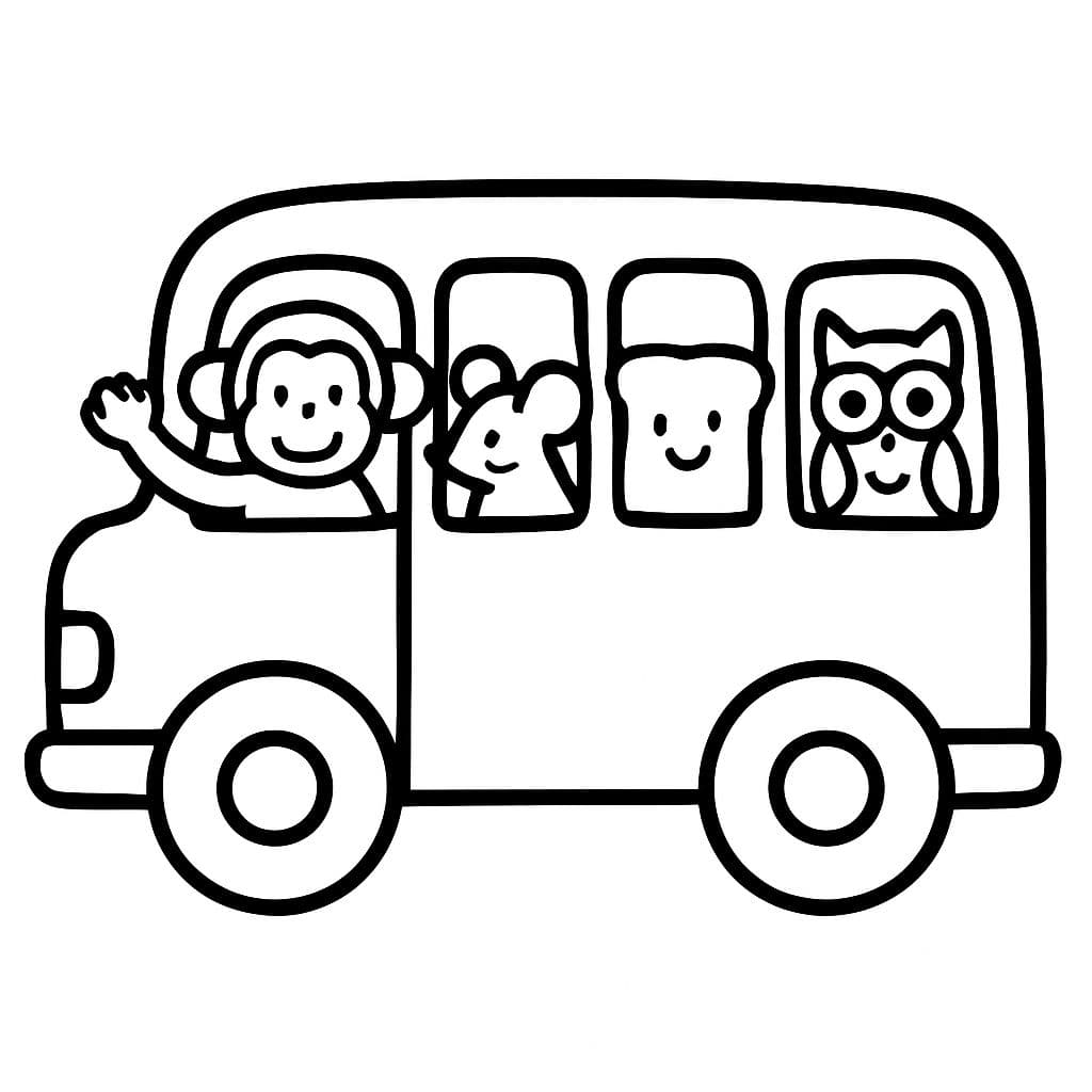 un autobús escolar con un mono, un ratón, tostadas y un búho