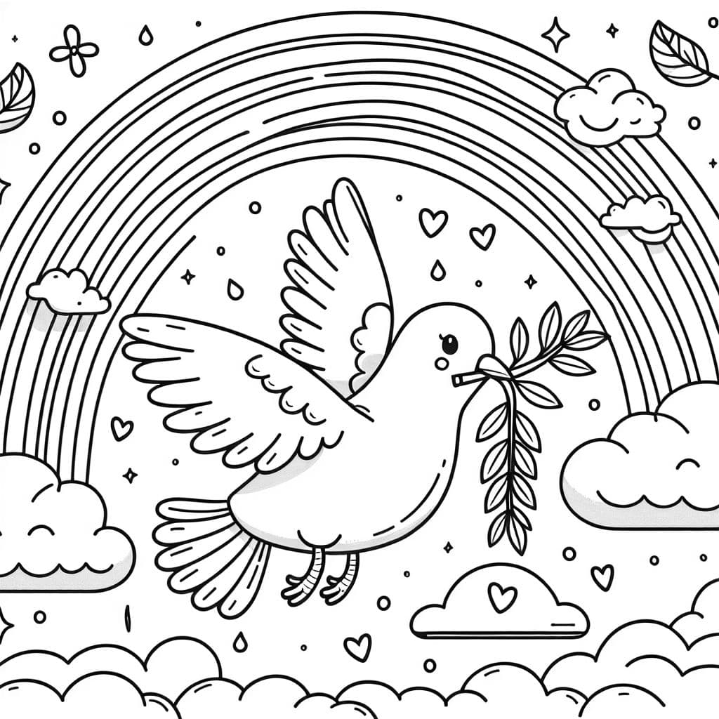 eine Taube mit Zweig im Schnabel vor einem Regenbogen