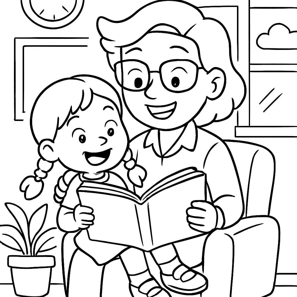 Girl with two braids sitting on teacher's lap and reading. The teacher has glasses.