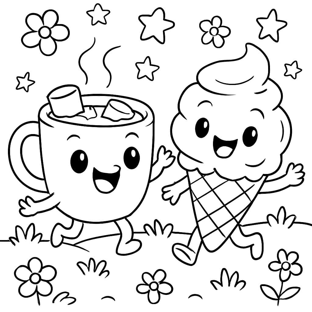 Chocolate caliente lindo y helado en un prado con flores y estrellas en el cielo