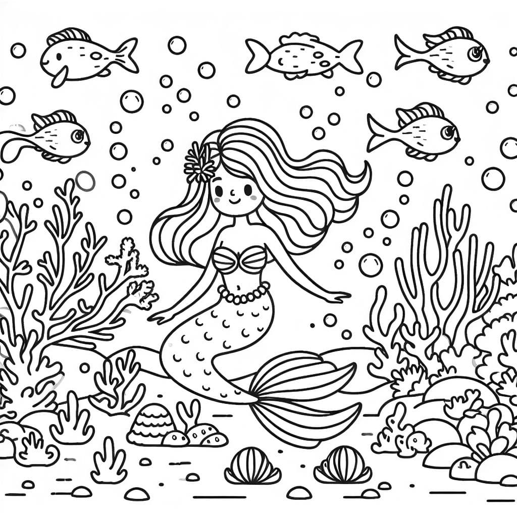 Una sirena en un mundo submarino colorido con un arrecife de coral y muchos peces alegres.
