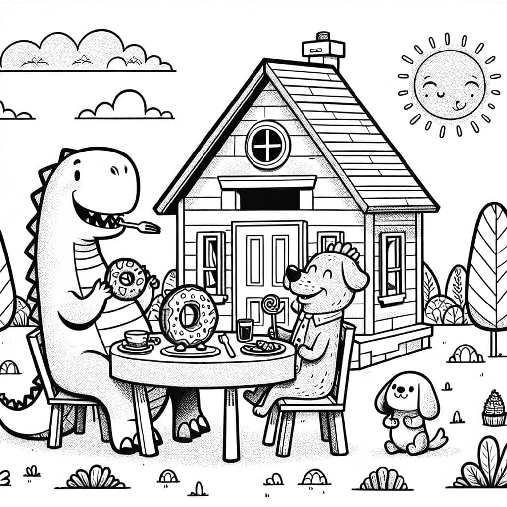 dinosaur eating dinner and donut with a dog and doll in doll house