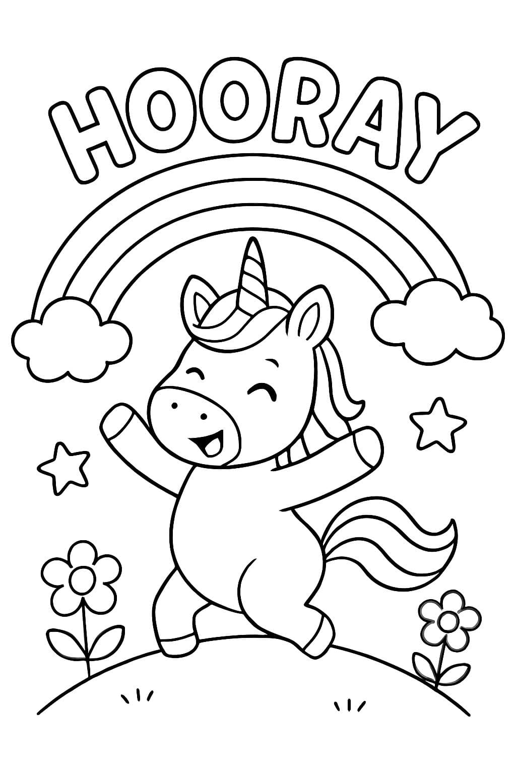 Unicornio debajo de un arcoíris diciendo hooray