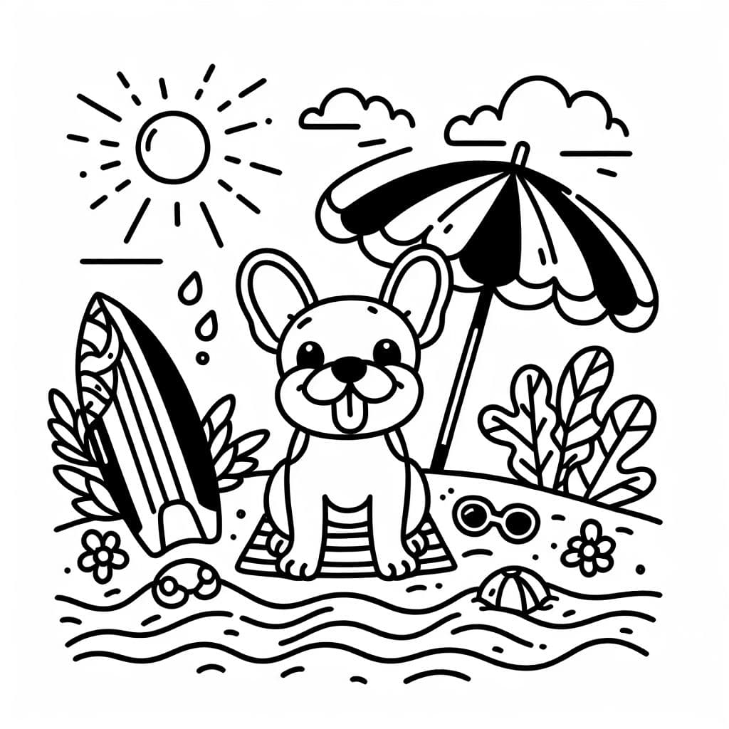 Cute design with bold lines featuring a french bulldog, the beach, a surfboard, a beach umbrella and waves