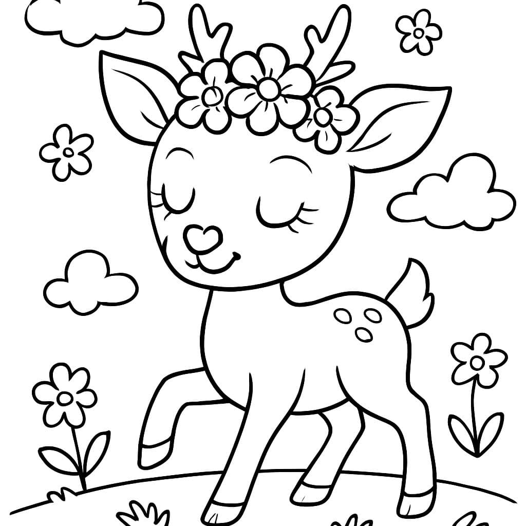 cerf avec des fleurs sur la tête yeux fermés avec un nez en forme de cœur et des cils