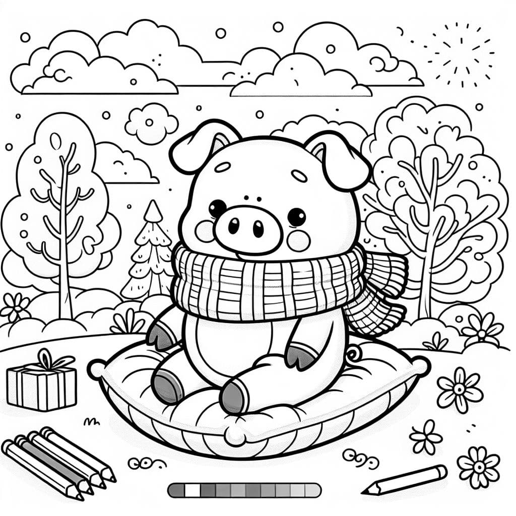 stuffed animal pig with scarf sitting on a pillow