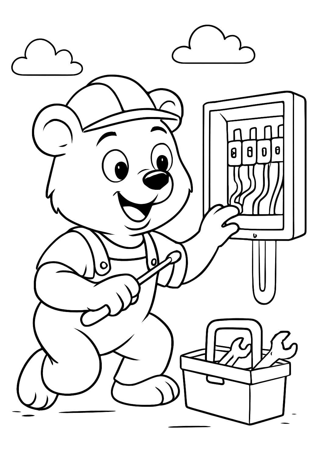 einen Bären als Elektriker mit einem Werkzeugkoffer, der einen Sicherungskasten anschließt