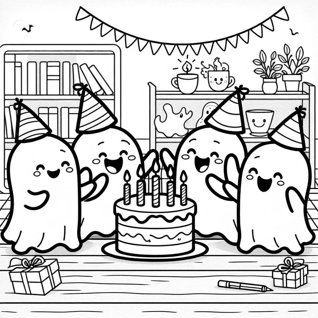 5 gespenster, die geburtstag feiern und einen kuchen mit 5 kerzen