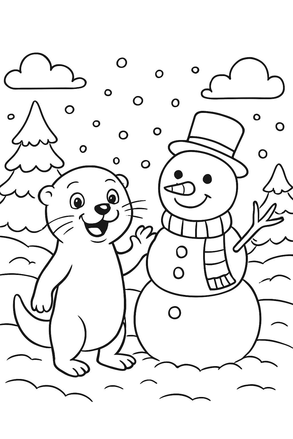 una nutria en la nieve con un muñeco de nieve