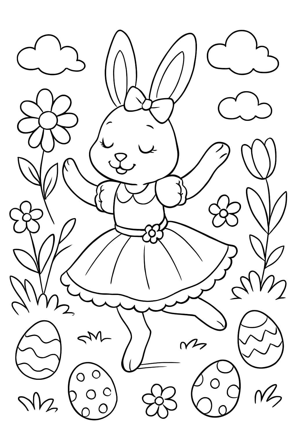 a female Easter bunny in a beautiful dress dancing among colorful spring flowers and Easter eggs
