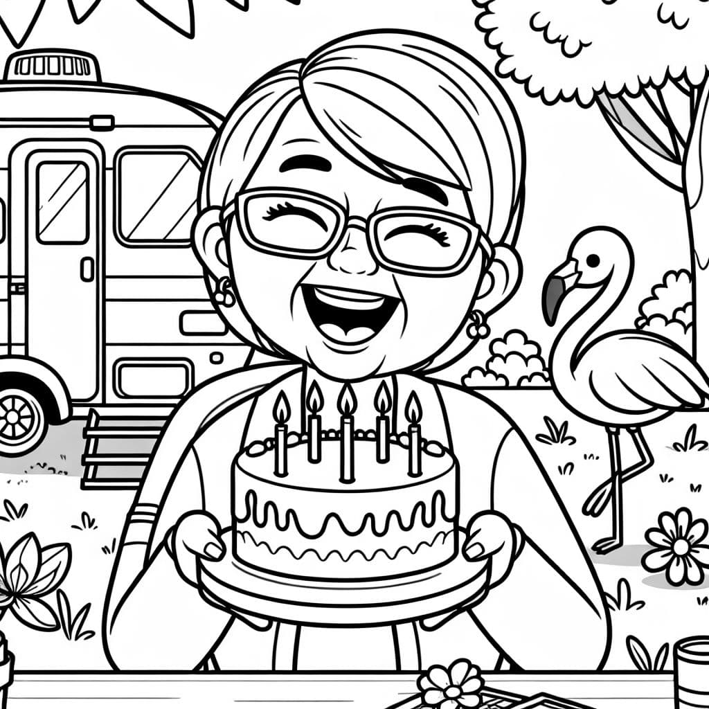 A older woman with short straight hair and glasses blowing out candles on a cake by a camper and flamingo