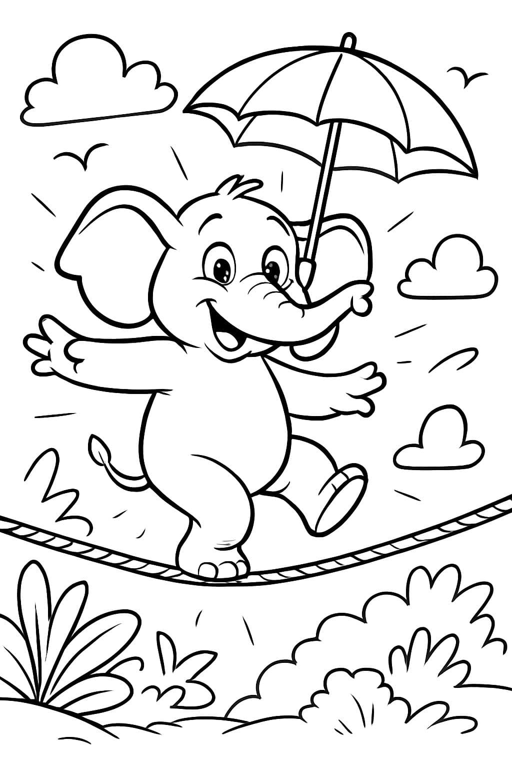 Éléphant équilibré sur une corde raide avec un parapluie à la main