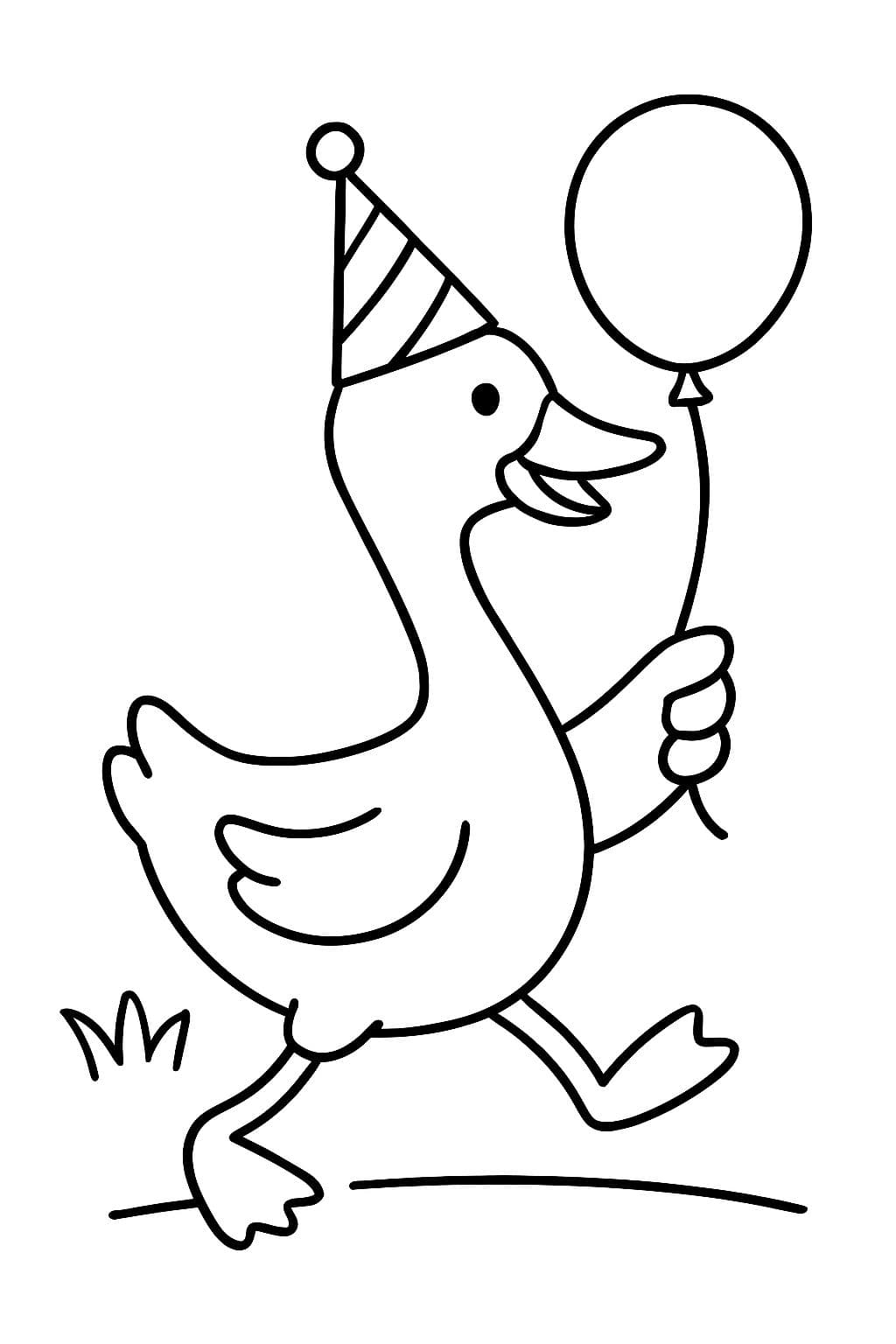 Ganso con sombrero de fiesta y globo corriendo.