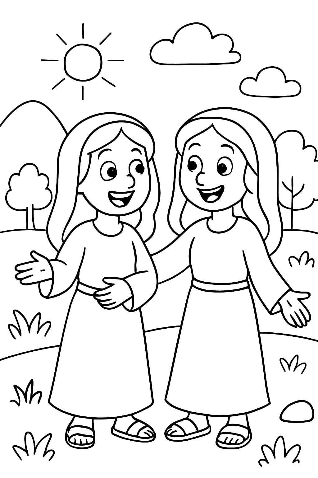 Ruth and Naomi, characters from the Bible. The drawing should be simple yet playful, geared towards children aged 4-5 to color.