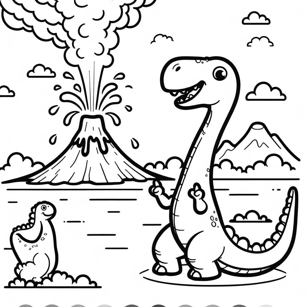 Un dinosaurio amigable con un cuello largo, con un volcán en erupción de fondo.