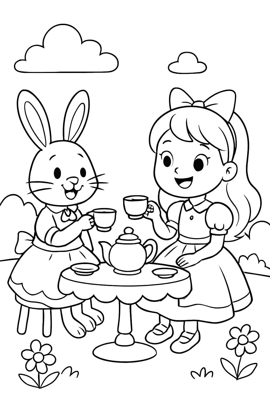 Coelho e uma menina vestindo vestidos e sapatos elegantes tomando chá.